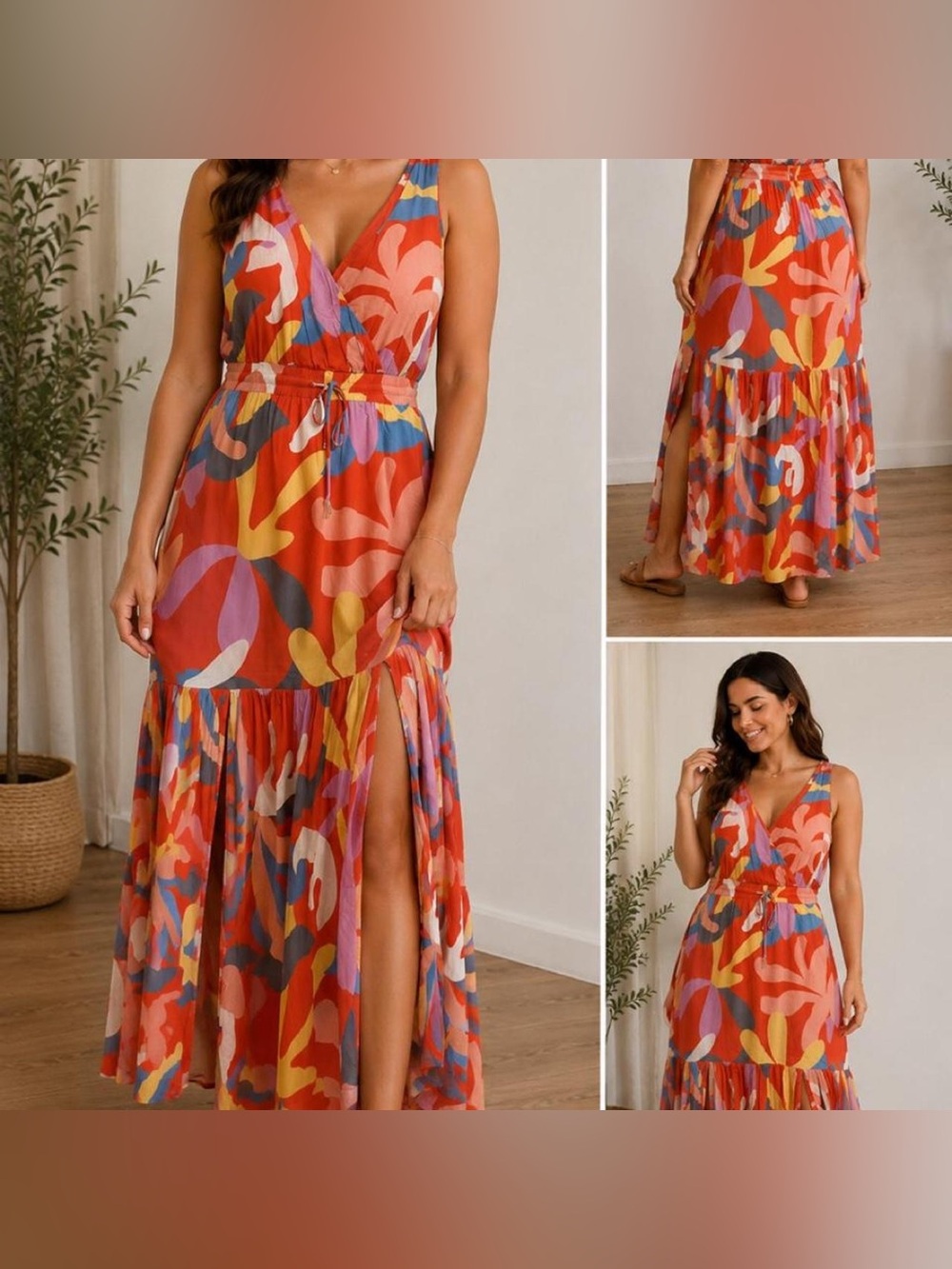 Rachel Zoe Sleeveless Abstract Print Maxi Dress, vibrant color palette. Size L